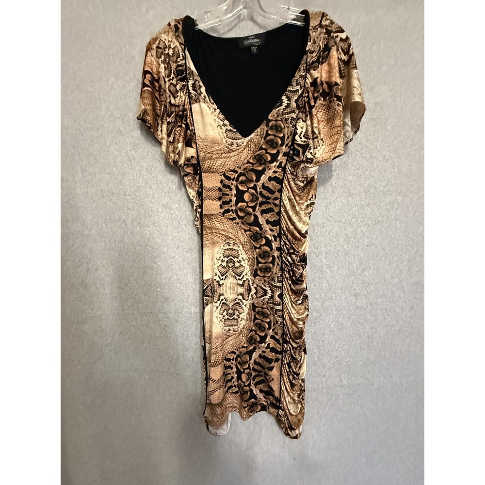 Bebe Addiction Dress Womens Medium Brown Animal Print Ruched Flutter Sleeve Mini